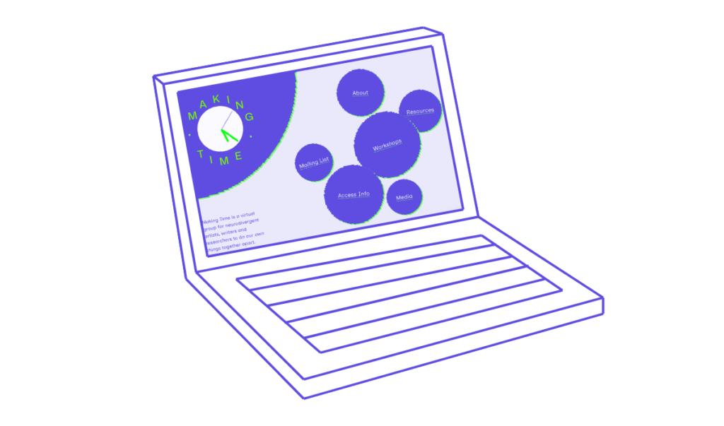 a line-drawing of a laptop with the making time website imposed on the screen